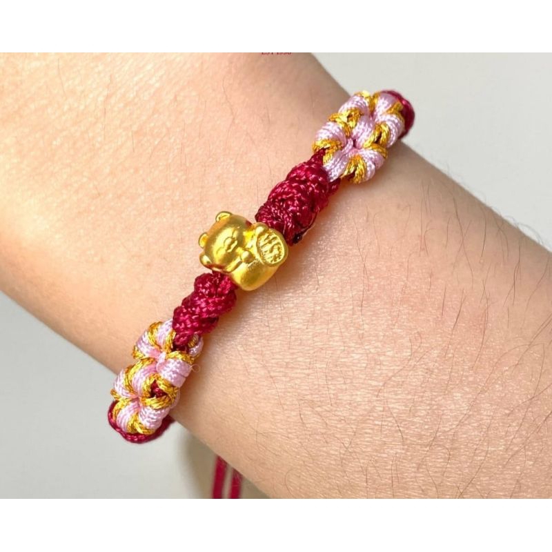 Gelang Emas Asli Charm Kucing Rejeki 24K Hongkong 999% Tali Pelintir Bunga