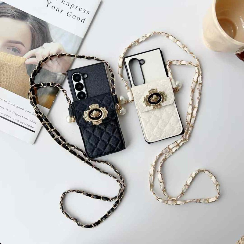 New Case Zfold7 Dompet Pouch Pearl Diamond Luxury With Chain Rantai Gantungan Panjang Hp Pretty Lucu