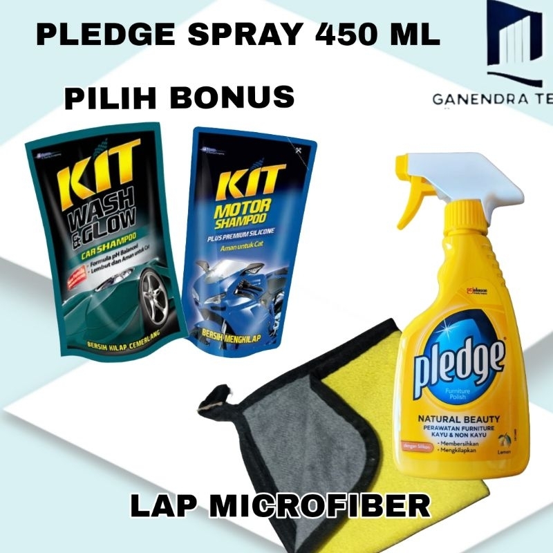 PAKET Pledge Aerosol Spray Lemon 450Ml + Kit Motor Shampoo 200ml / Kit Wash&Glow 400ml Bonus Kain La