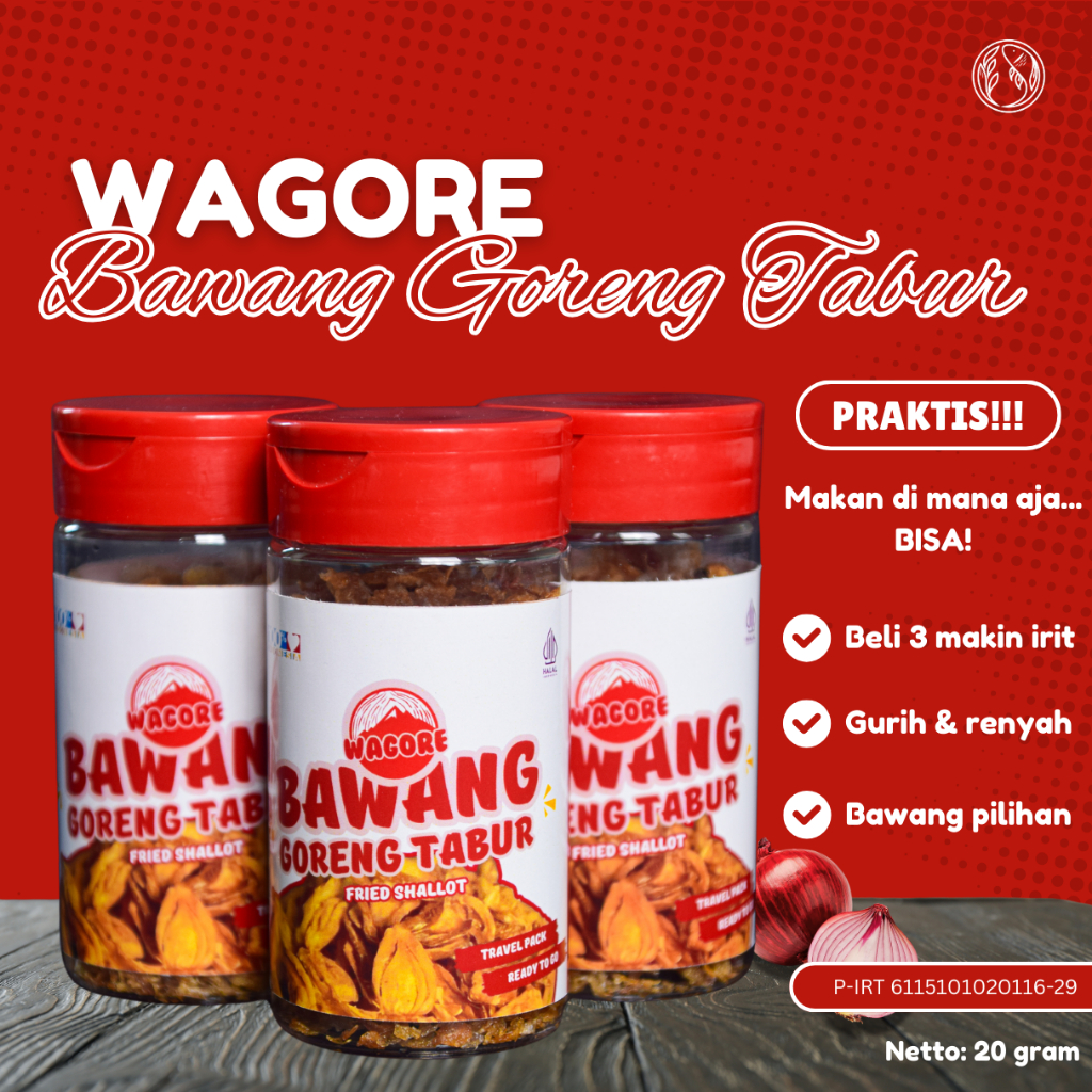 

Bawang Goreng WAGORE tanpa tepung terigu/beras travel pack. Anti anyep dan pahit. Paket Triple Hemat