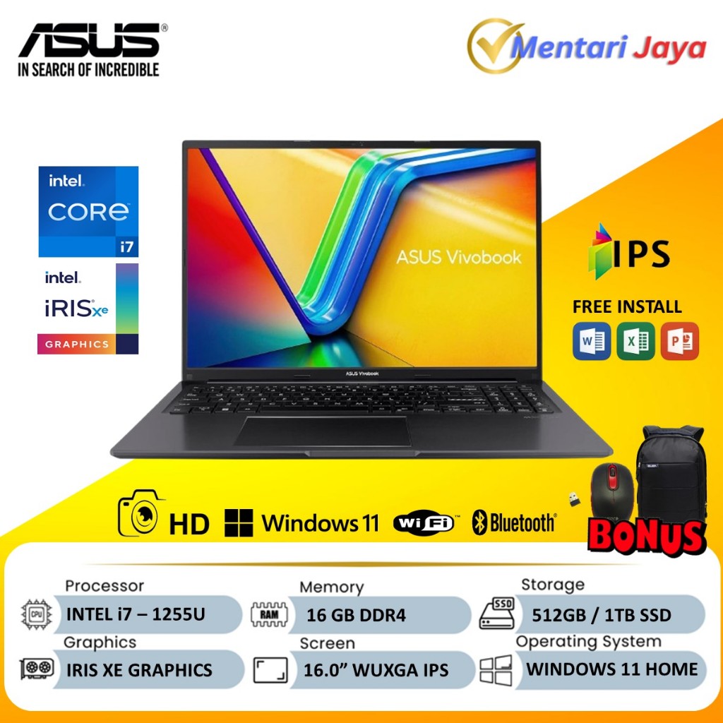 ASUS Vivobook 16 F1605ZA Laptop core i7 1255U RAM 16GB 1TB SSD WUXGA IPS Win11 Baru