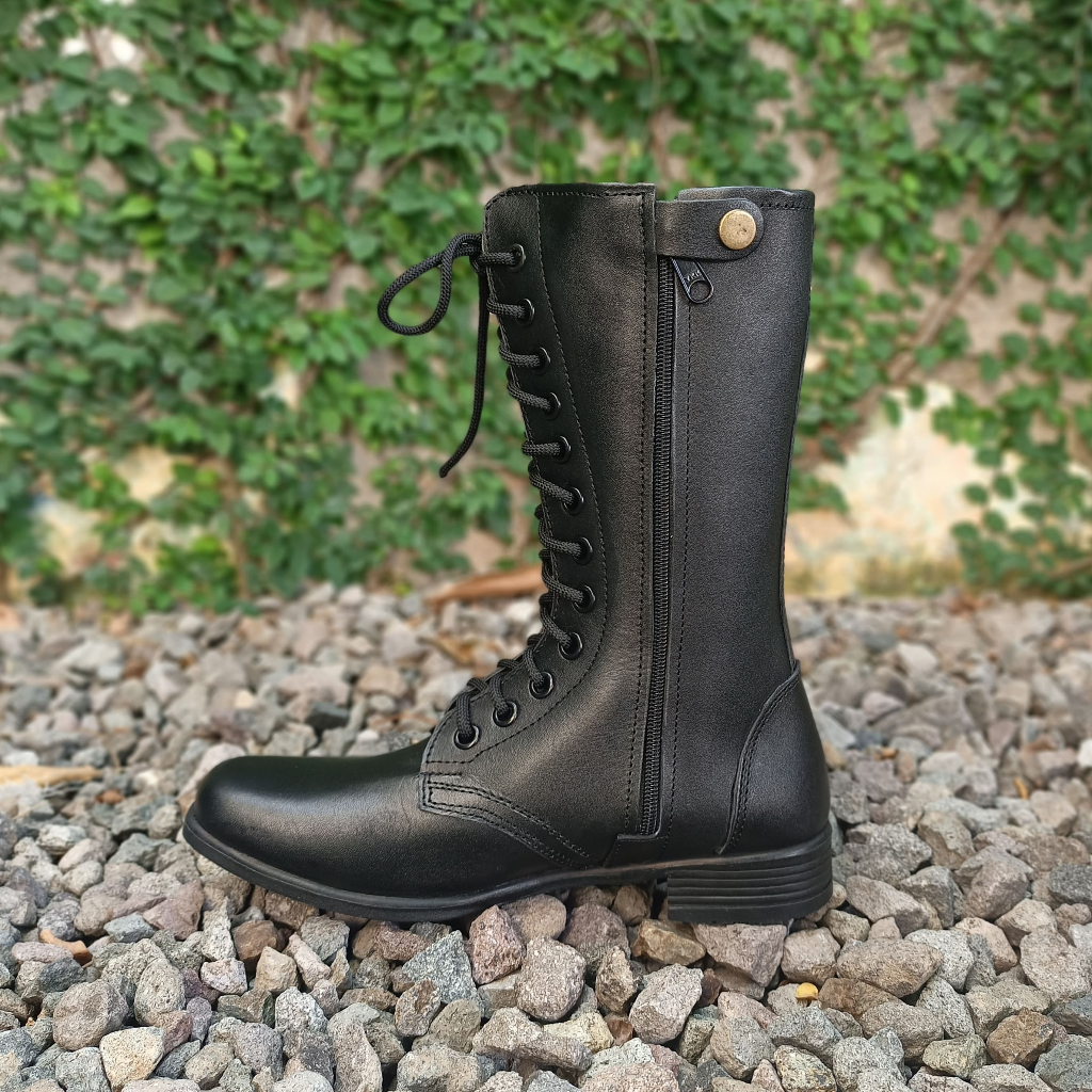 MOJO Sepatu Boots Paskibra Mayoret Putri Full Hitam Putih Kulit Asli