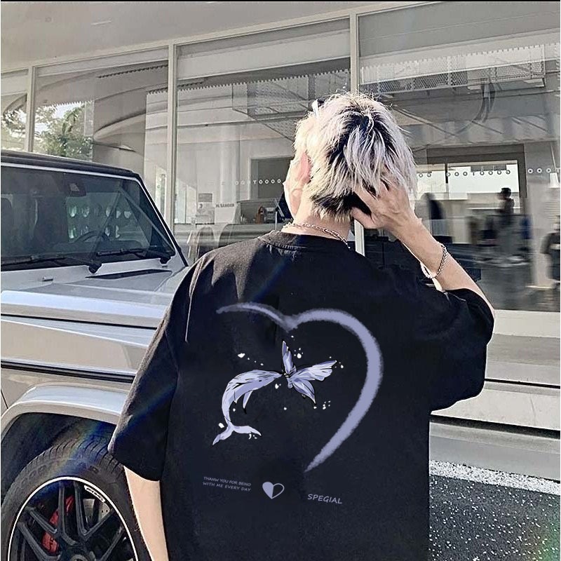 Baju Kaos Oversize Pria Distro|  Kaos Lengan Pendek Pria| Pola Kupu -Kupu Eropa Dan Korean T Shirt O