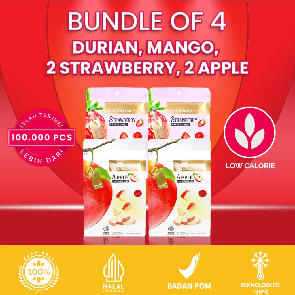 

URSNACKS Bundle Of 4 - Freeze Dried 2Pcs Strawberry 22gr + 2Pcs Apple 22gr -Snack Keripik Buah Asli Halal BPOM