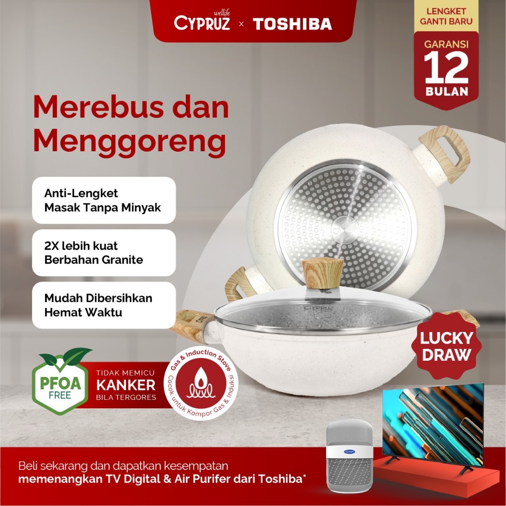 Cypruz Wajan Kuali Tebal Anti Lengket Wok Pan White Granite Series Dengan Tutup