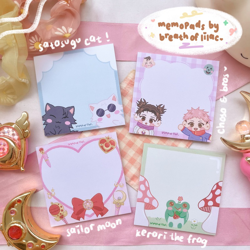 

memopad by breath of lilac // satosugu cat choso yuuji jjk sailor moon frog kodok lucu