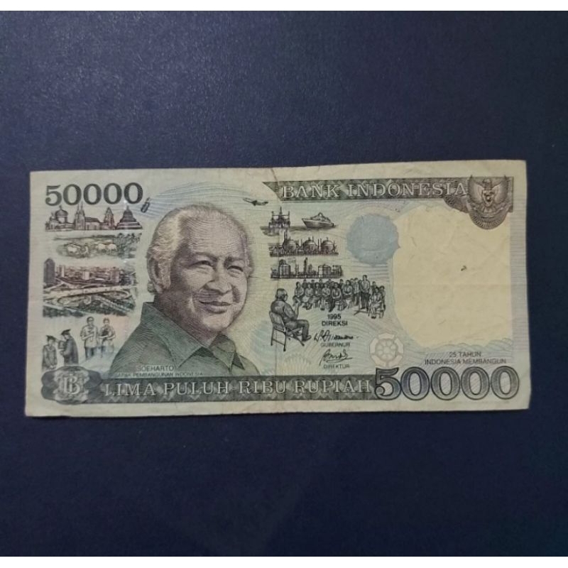 uang kuno indobesia 50000 soeharto mesem 1995 asli bekas edar