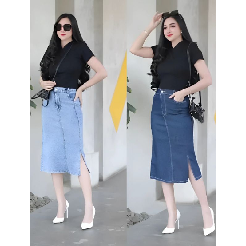 Highwaist Rok Jeans Bella Skirt Pendek 7/8 Premium Denim Stretch
