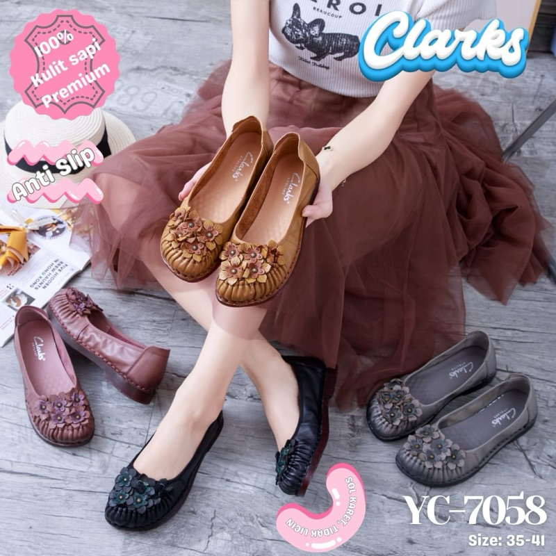 TERMURAH Sepatu Clarks YC-7058 Flowers Leather Flat / Sepatu kerja kantor wanita import / Leather fl