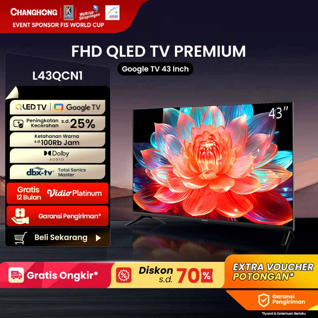 Changhong QLED TV 43 inch FHD Dolby Audio Google Play Netflix Youtube Bluetooth USB Google Assistant