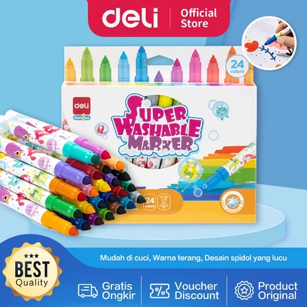 

Deli Washable Marker / Spidol Warna Anak 12 24 Warna Mudah dicuci Tersertifikasi Aman EC155