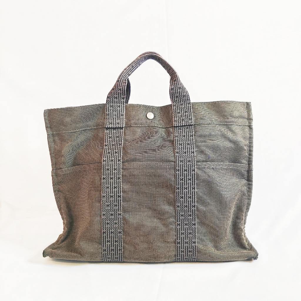 Hermes Tote MM Gray Brown Canvas ToteBag Preloved Tas Bahu