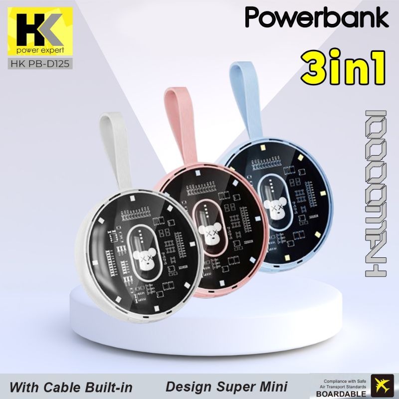 HK D125 Mini powerbank 10000MAH Fast Portable Lightning Type C Build in Cable