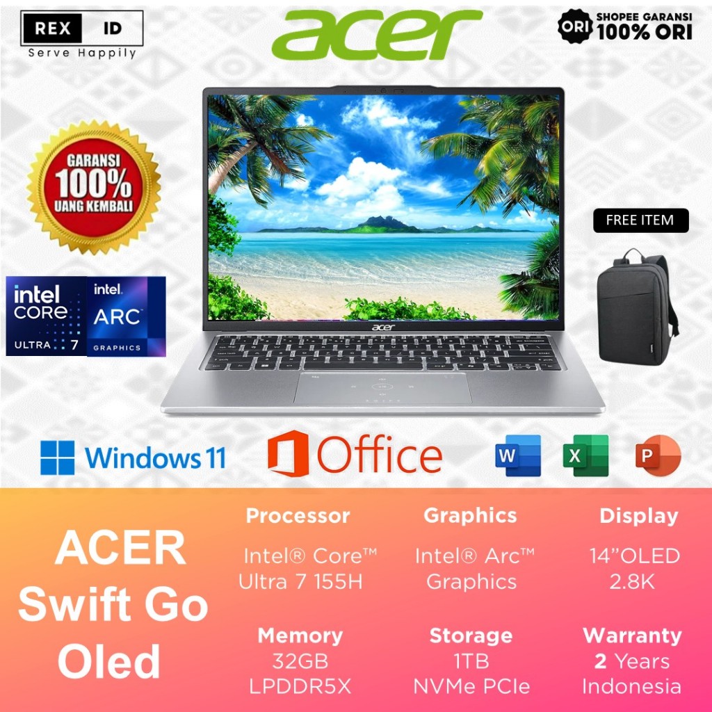 Laptop Acer OLED Ultra 7 155H 32GB 1TB 14" 2.8K Windows 11 Pro + OHS - Acer Swift Go SFG14-73-731A