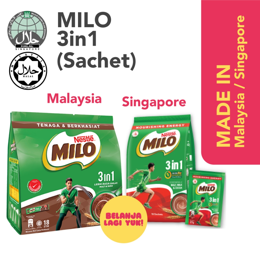 

NESTLE MILO 3in1 Susu Bubuk Coklat Original Singpore / Malaysia HALAL (Sachet)