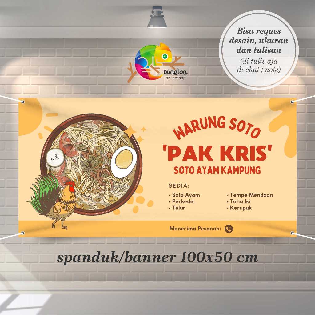 Cetak Spanduk Banner Kuning Ilustrasi Makanan Warung Soto