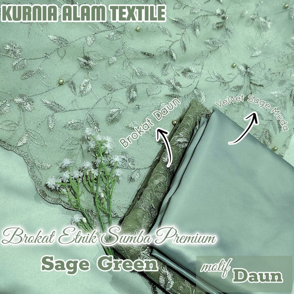 ½ meter Kain Brukat Etnik Sumba Premium Motif Salur DAUN warna SAGE GREEN Brokat Tile Prancis (Bahan