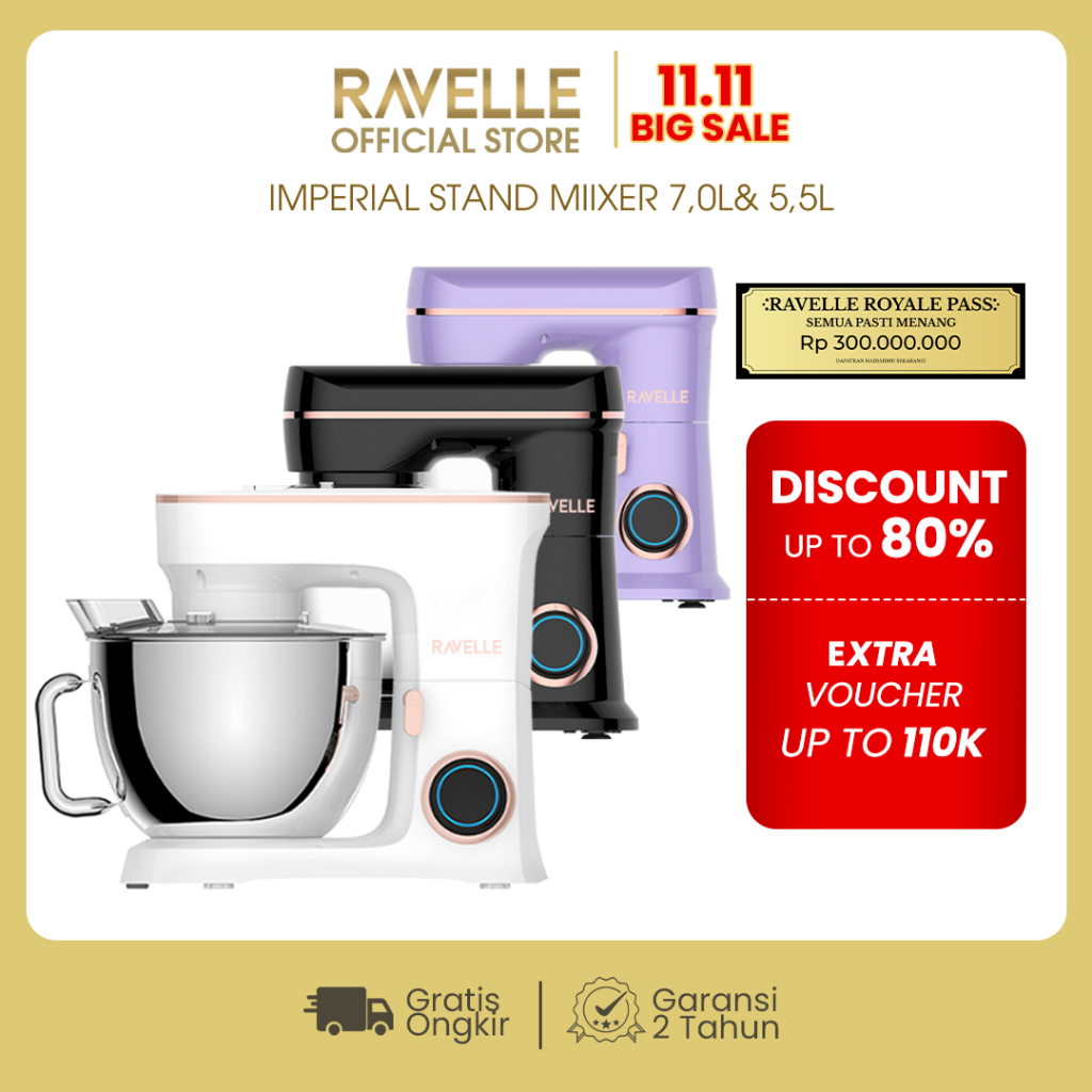 RAVELLE Stand Mixer 7L Imperial Electric Mixer - White| Pengaduk Adonan Roti dan Kue