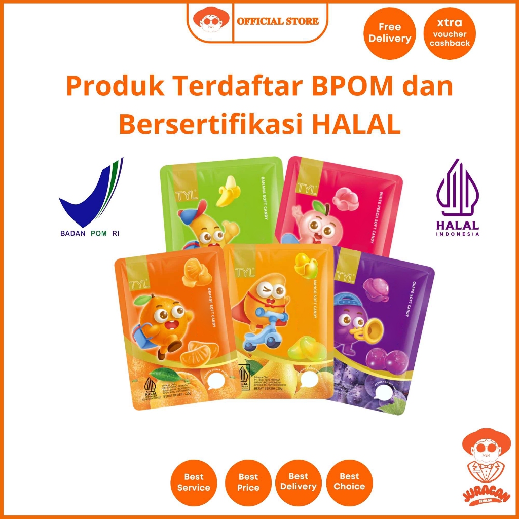 

RB TYL Permen Lunak Kupas (Per-Box) isi 20pcs x 20gr Rasa Buah Grape, Banana, Mango, Peach / Baopi