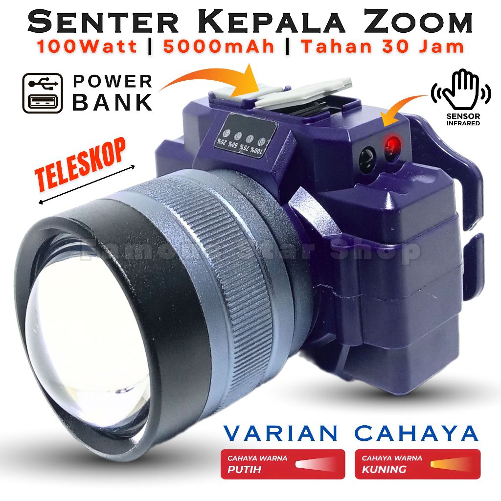 Senter Kepala Zoom 100W Fitur Power Bank Bisa Cas HP Maxpower MX-S018 Cahaya Putih Super Terang Sens