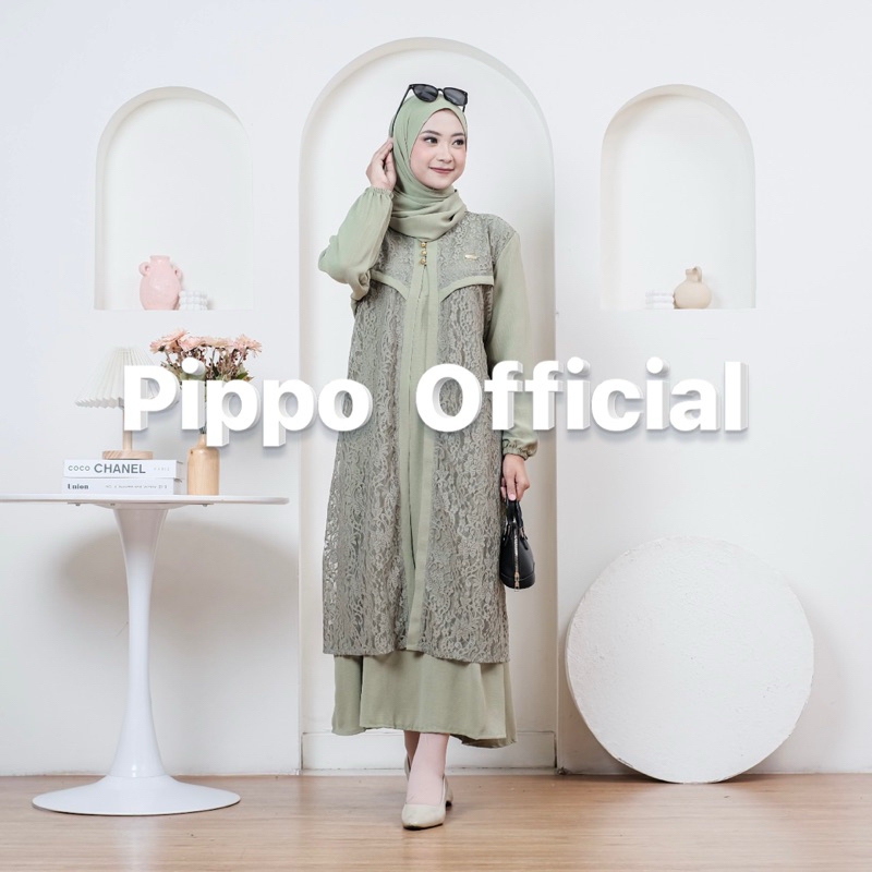 PIPPO DRESS - Gamis Crincle Premium Mix Brukat Tile Malika/ Gamis Elegan Terbaru/ Gamis Rompi Brokat