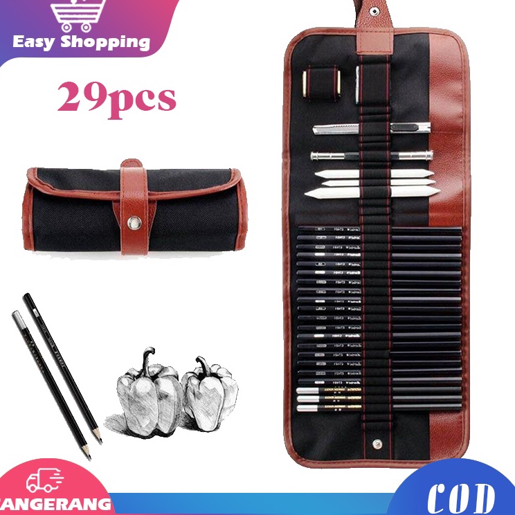 

Promo Stok set 29pcs Drawing Pencil SetPensil Gambar Sketsa Pisau PenghapusDengan Pouch Serut