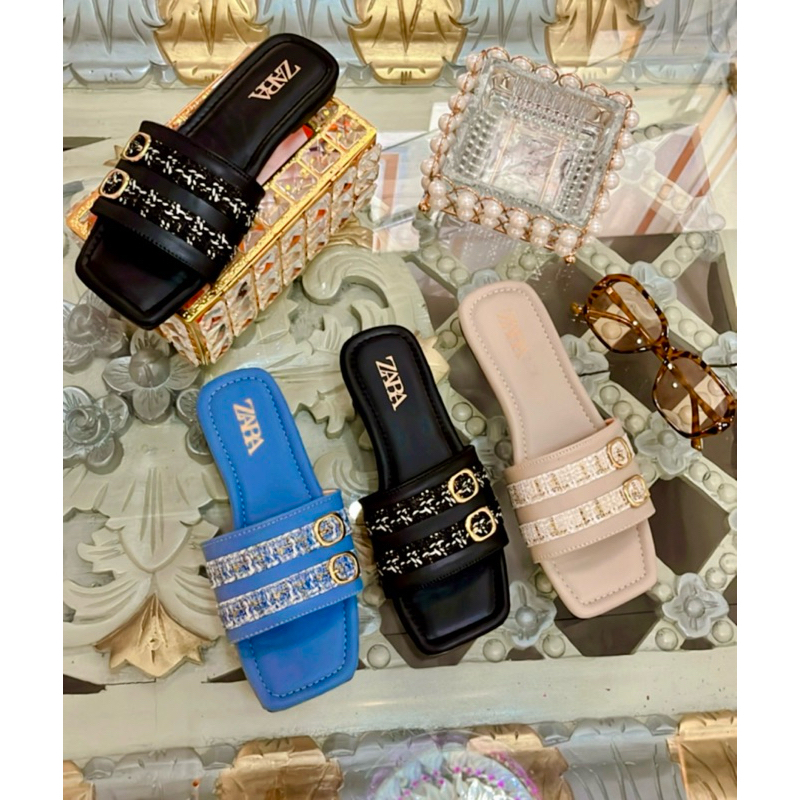 Sandal Selop Zara Flat 2 Sabuk Rajut Tweet Sandal Wanita Terbaru Kode SMU07