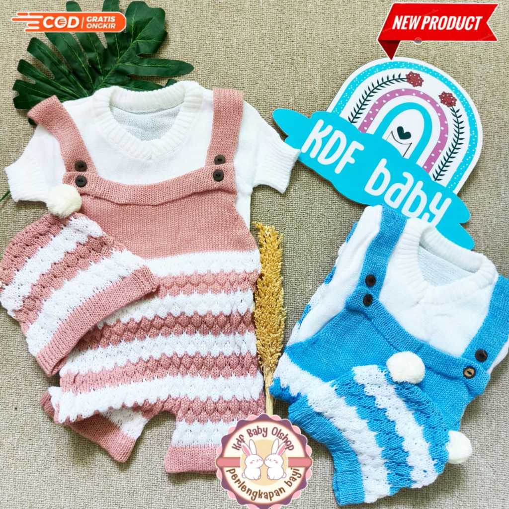 jumper kodok ovejral bayi/anak lengan pendek motif salur overal anak rajut lucu usia 2 - 12 bulan ma