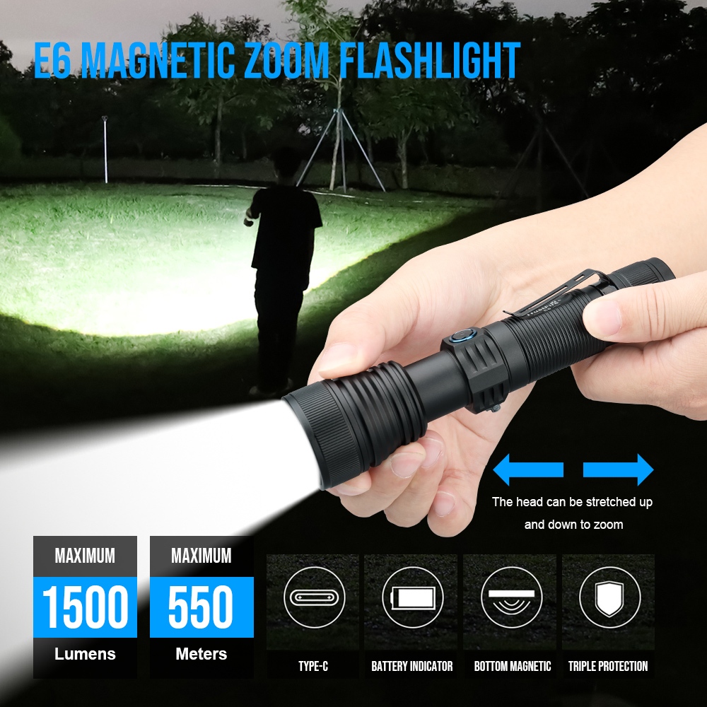 Senter LED/Super Terang/Zoom Flashlight TrustFire E6 1500lumen USB C Type-c 21700 Rechargeable IPX6