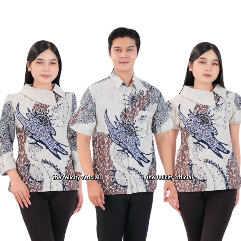 felicitybatik - Atasan Batik Couple Kemeja Hem Pria dan Blouse Batik Wanita Putih [ salju ]