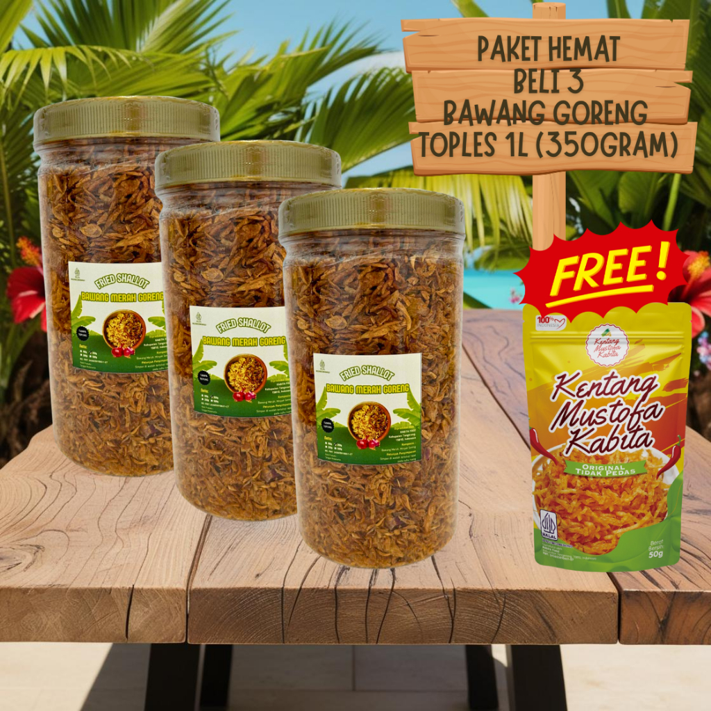 

Paket Bundling Spesial Bawang Goreng Tanpa Tepung (Toples 1L 320gram) FREE KMK Original 50g