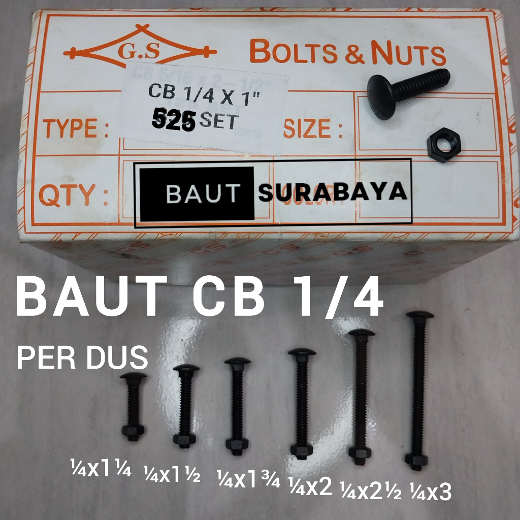 1 Dus Baut Mur CB 1/4 baut mur kunci 10 baut bak truk baut pagar baut payung baut carriage ukuran pa