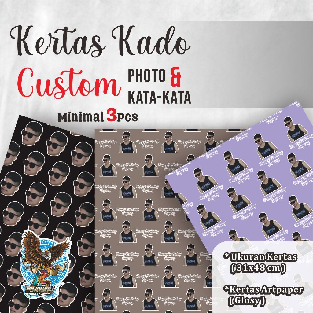 

kertas kado custom muka | design bebas | bahan art paper glosy