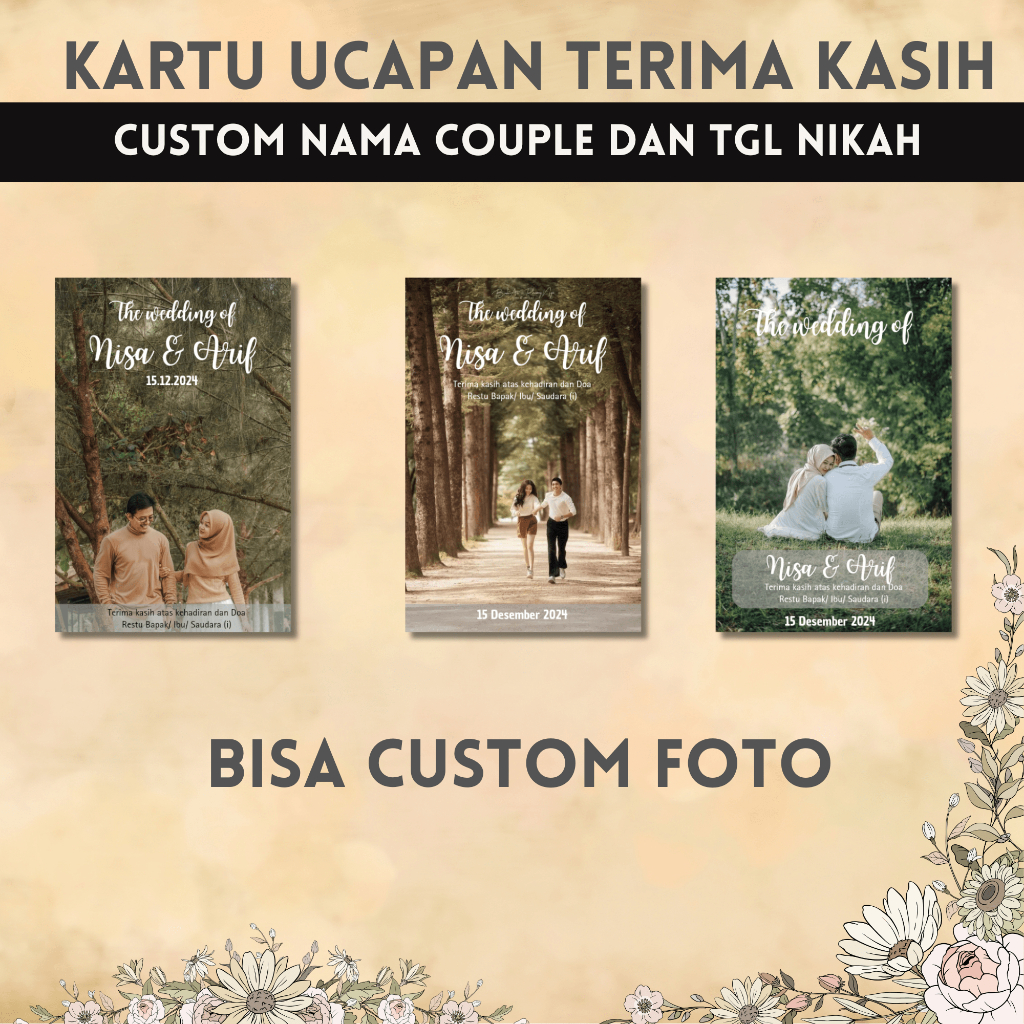 50 PCS KARTU SOUVENIR WEDDING CUSTOM FOTO PENGANTIN / KARTU UCAPAN TERIMA KASIH PERNIKAHAN / KERTAS 