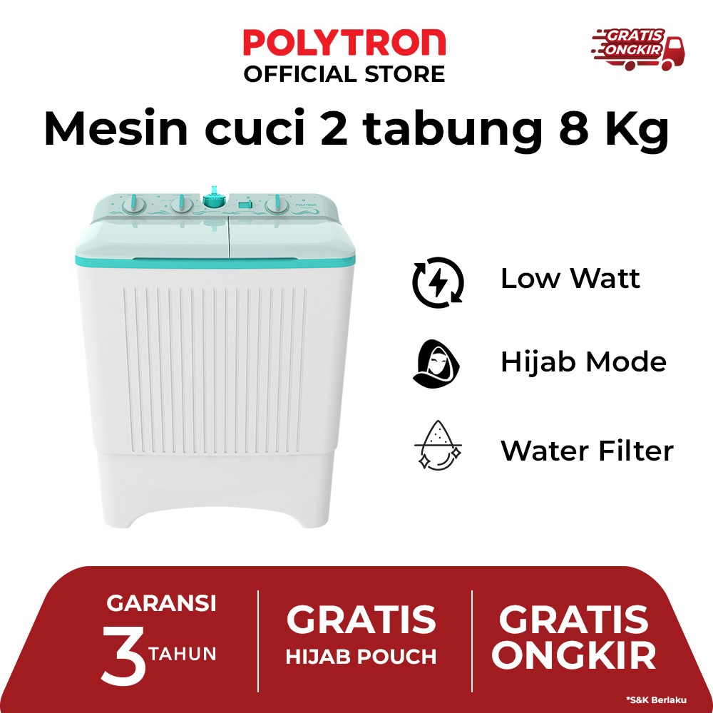 POLYTRON Mesin Cuci 2 Tabung Giant Series Hijab 8 KG - PWM 8076G