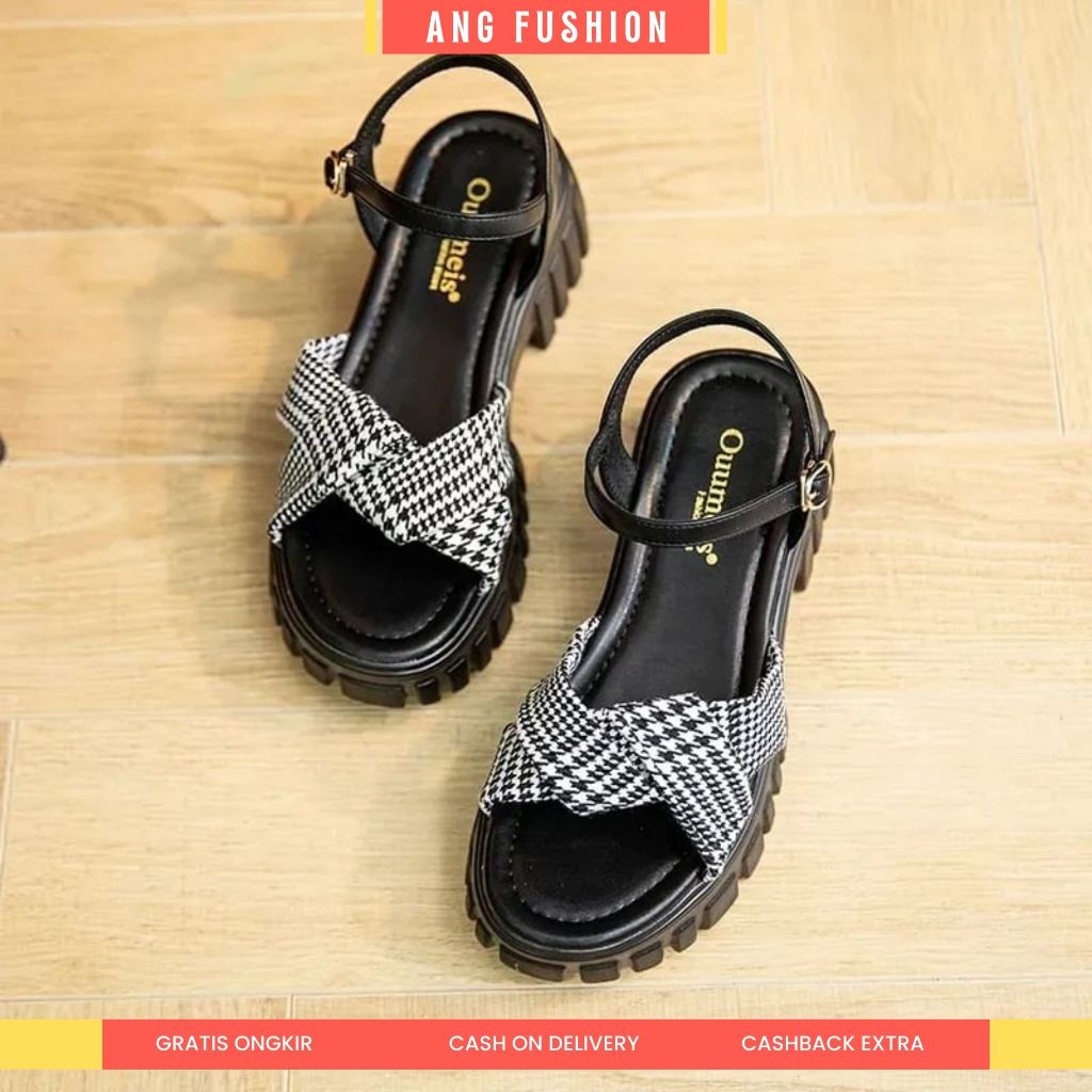 ANG FUSHION Sendal Wedges Hak 3cm Variasi Tali Lilit Motif Kotak Kotak AL 021