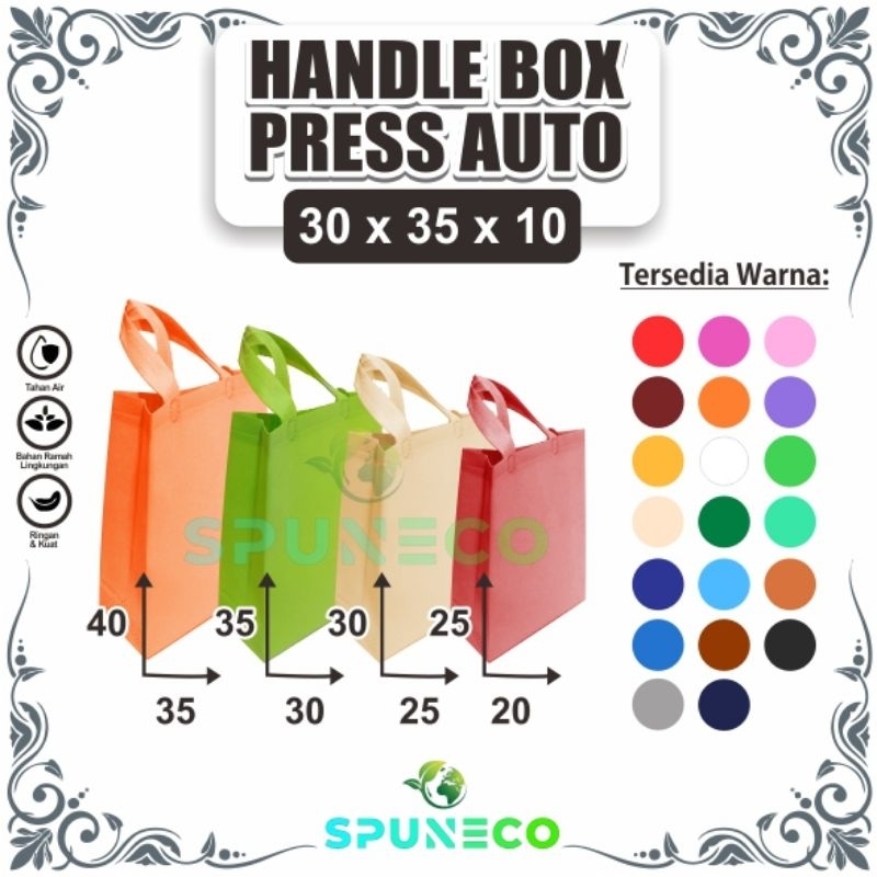 

HBPA TEBAL 75GSM 30x35x10 (1Lusin) TAS BOX SPUNBOND GOODIE BAG STANDING HANDLE