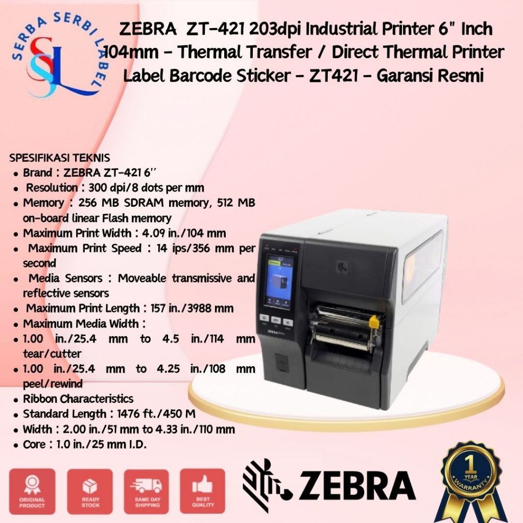 

ZEBRA ZT-421 203dpi Industrial Printer 6" Inch 168mm - Thermal Transfer