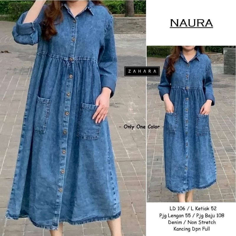 Naura long tunik warna biru blue atasan tunic cewek bahan jeans wash Import fit to XXL kancing aktif