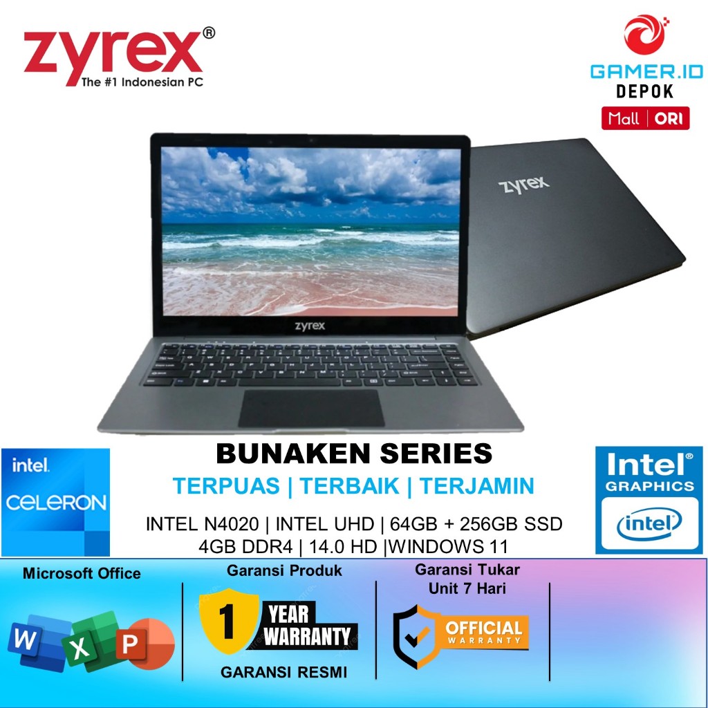 LAPTOP ZYREX BUNAKEN INTEL N4020 4GB RAM 64GB PLUS 256GB SSD WINDOWS 10