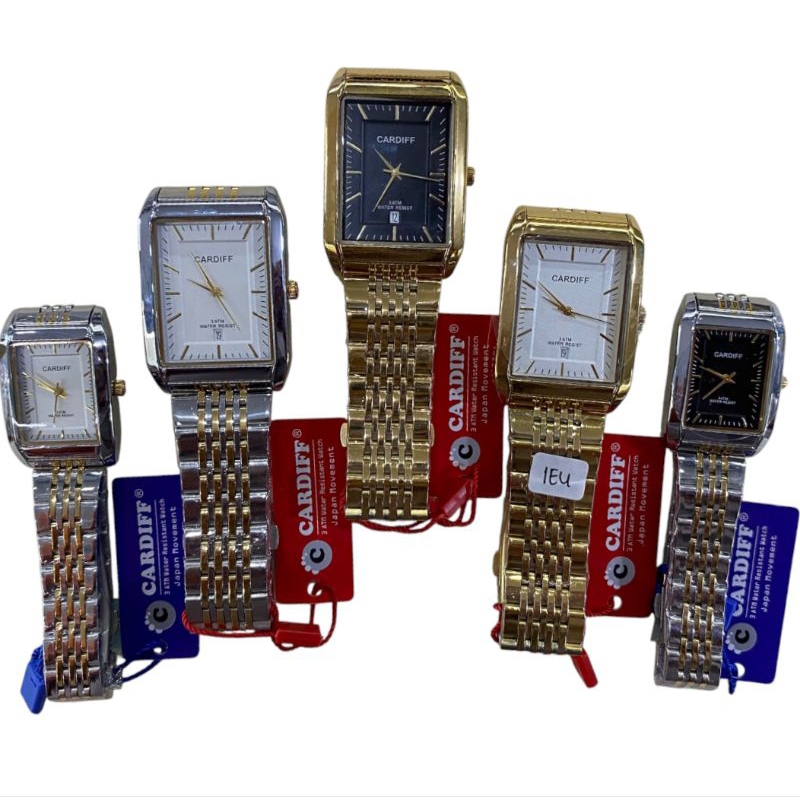 JAM TANGAN CARDIFF WANITA DAN PRIA COUPLE DESAIN PETAK TANGGAL WATER RESISTANT + FREE BOX