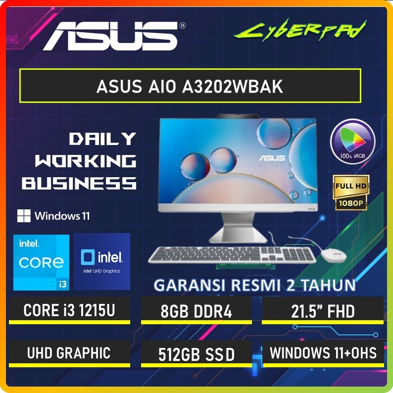 ASUS AIO A3202WBAK I3 1215 8GB 512GB W11PRO+OHS 21.5FHD WHT