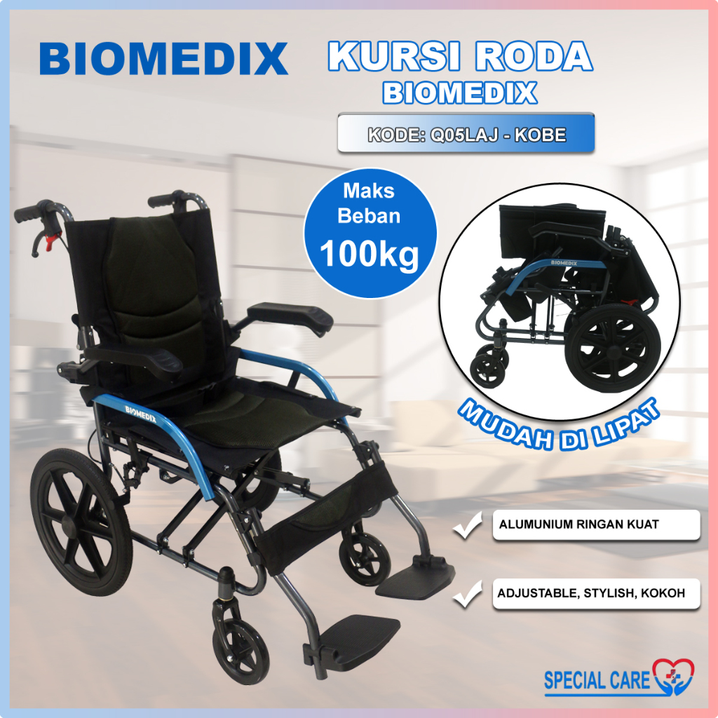 BIOMEDIX Kobe - Kursi Roda Lipat Portable Traveling Alumunium Ringan Kuat Pipih Dewasa Lansia