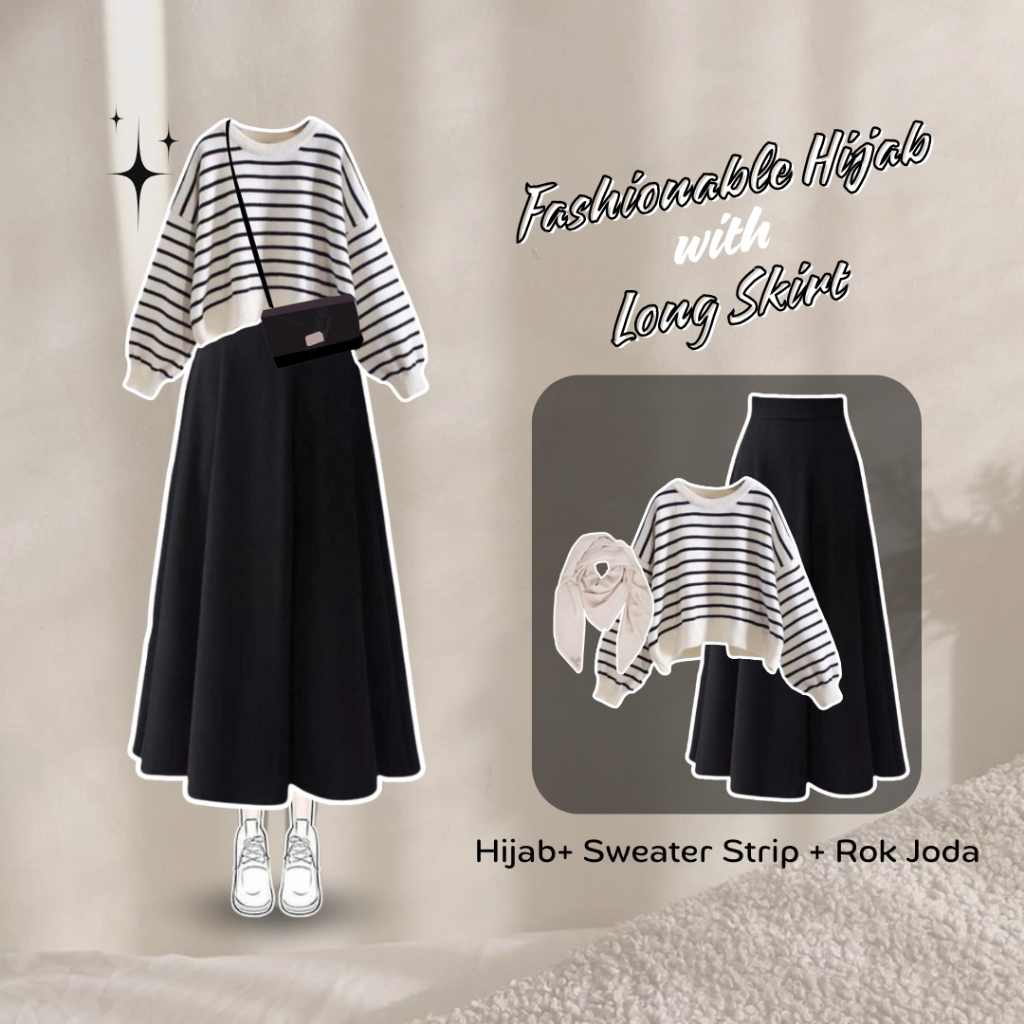 One Set Simpel 3in1 ( Sweater Sahbira Rajut Stripe Hitam Putih + Rok Panjang Joda Mayung Scuba Hitam