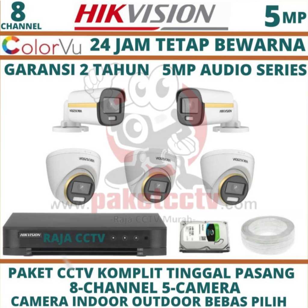 PAKET CCTV HIKVISION 5MP COLORVU AUDIO 8 CHANNEL 5 CAMERA