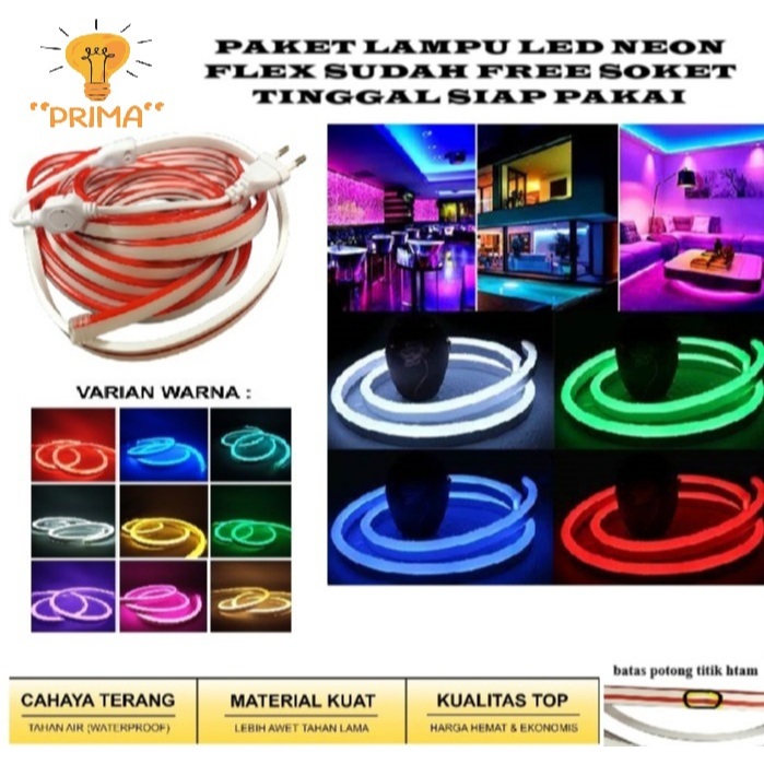 Paket Lampu LED Neon Flexible AC 220V1m 2m 3m 4m 5m  ( sudah free soket + tutup ) Lengkap tinggal si