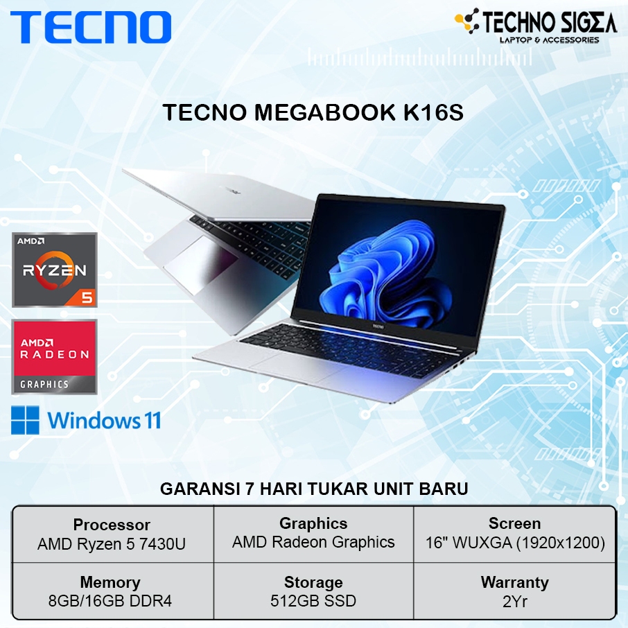 TECNO Megabook K16S Ryzen 5 7430U 8GB 512GB 16.0 WUXGA IPS