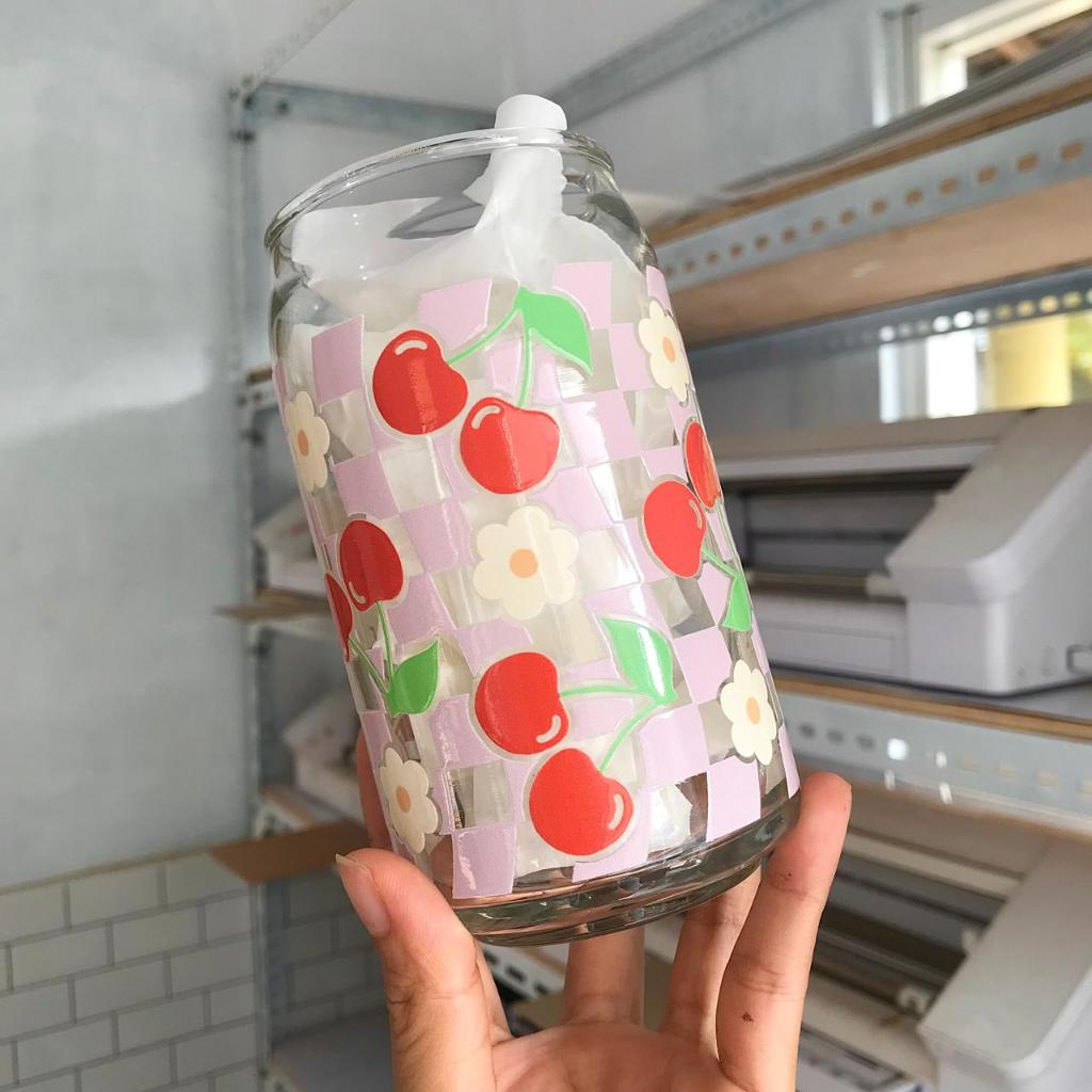 Gelas kaca kotak kotak ceri/ gelas cherry/ gelas kaca aesthetic