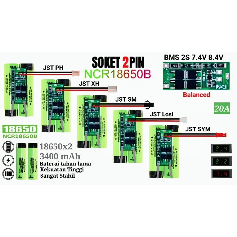 Battery 7.4V 8.4V 𝟔𝟖𝟎𝟎 𝐦𝐀𝐡 𝐇𝐢𝐠𝐡 𝐂𝐚𝐩𝐚𝐜𝐢𝐭𝐲 BMS 2S 20A 5 Soket Pilihan