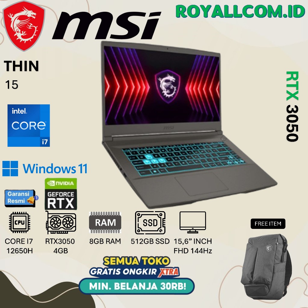 MSI THIN 15 I7 12650H RTX3050 4GB/ 8GB 512GB W11